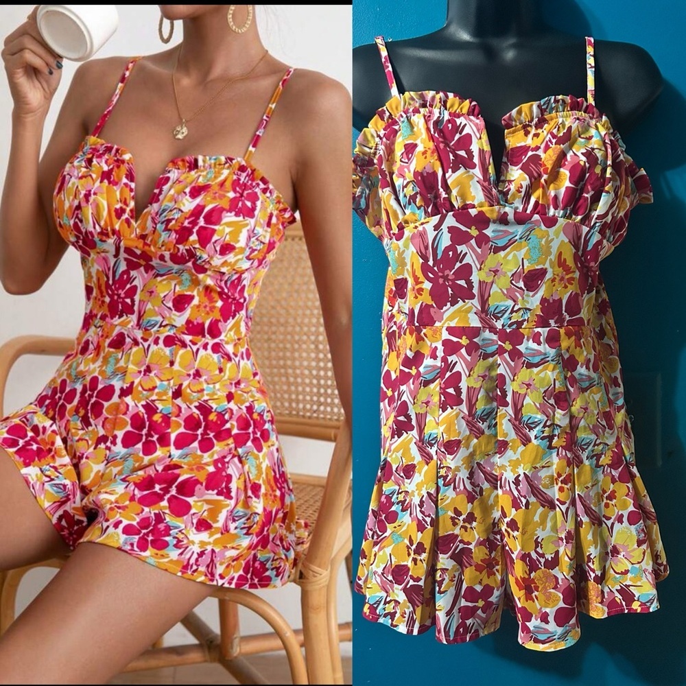 SHEIN Pink & Red Floral Romper